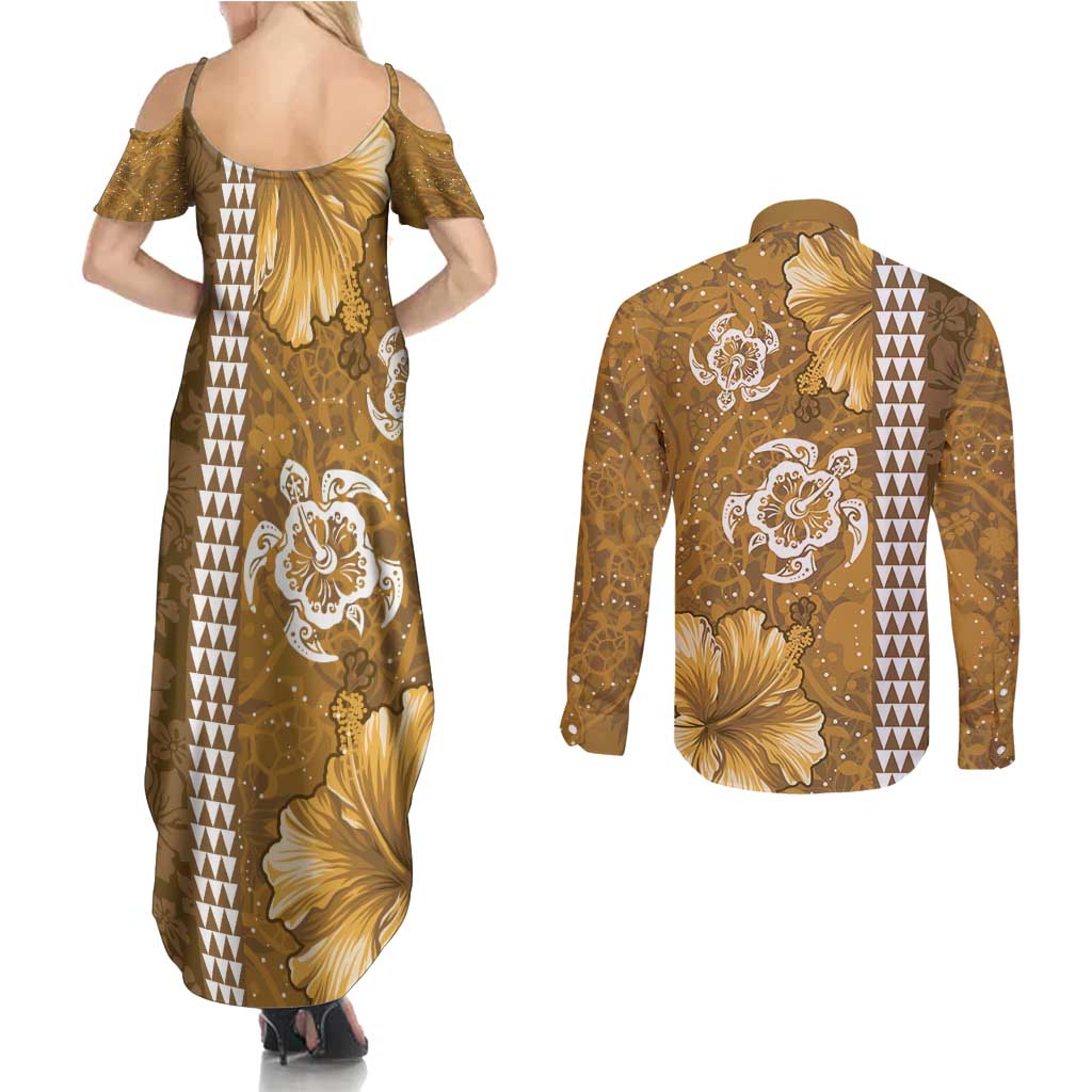 Gold Hibiscus Turle Couples Matching Summer Maxi Dress and Long Sleeve Button Shirt Hawaiian Style Tribal Tapa Pattern