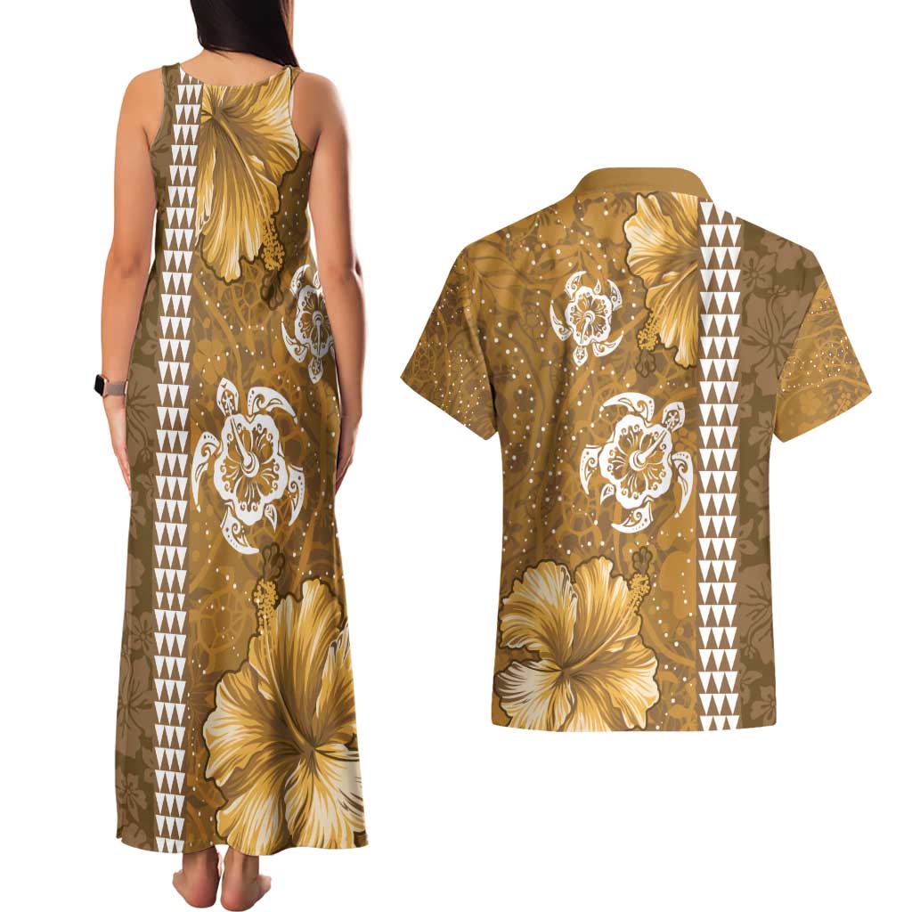 Gold Hibiscus Turle Couples Matching Tank Maxi Dress and Hawaiian Shirt Hawaiian Style Tribal Tapa Pattern