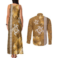 Gold Hibiscus Turle Couples Matching Tank Maxi Dress and Long Sleeve Button Shirt Hawaiian Style Tribal Tapa Pattern