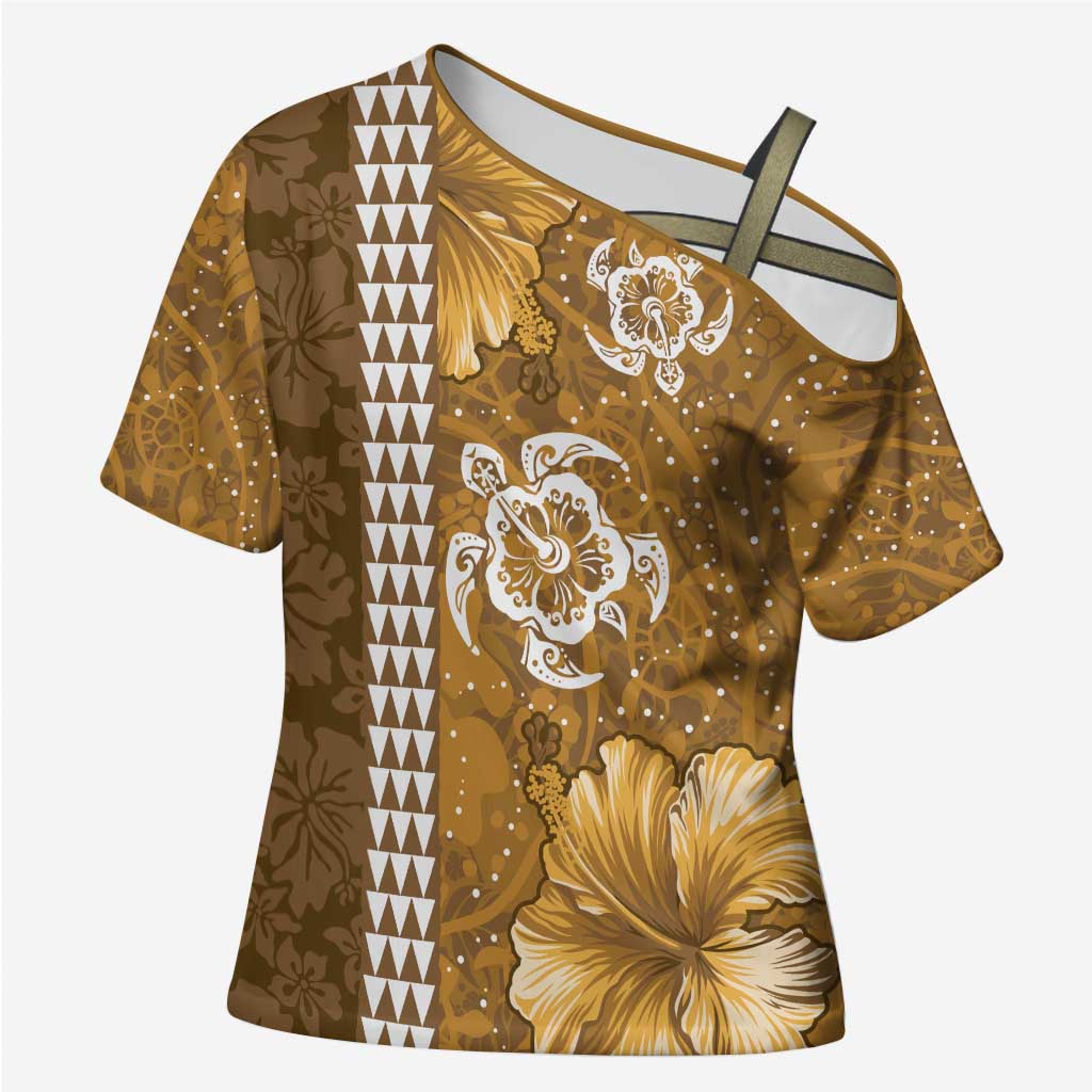 Gold Hibiscus Turle Cross Shoulder Shirt Hawaiian Style Tribal Tapa Pattern LT9 Female Gold - Polynesian Pride