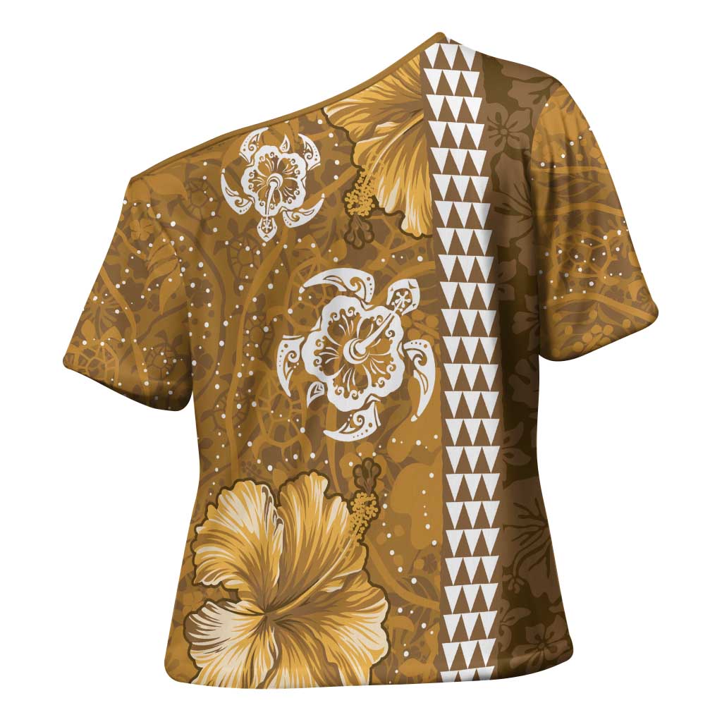 Gold Hibiscus Turle Cross Shoulder Shirt Hawaiian Style Tribal Tapa Pattern LT9 - Polynesian Pride