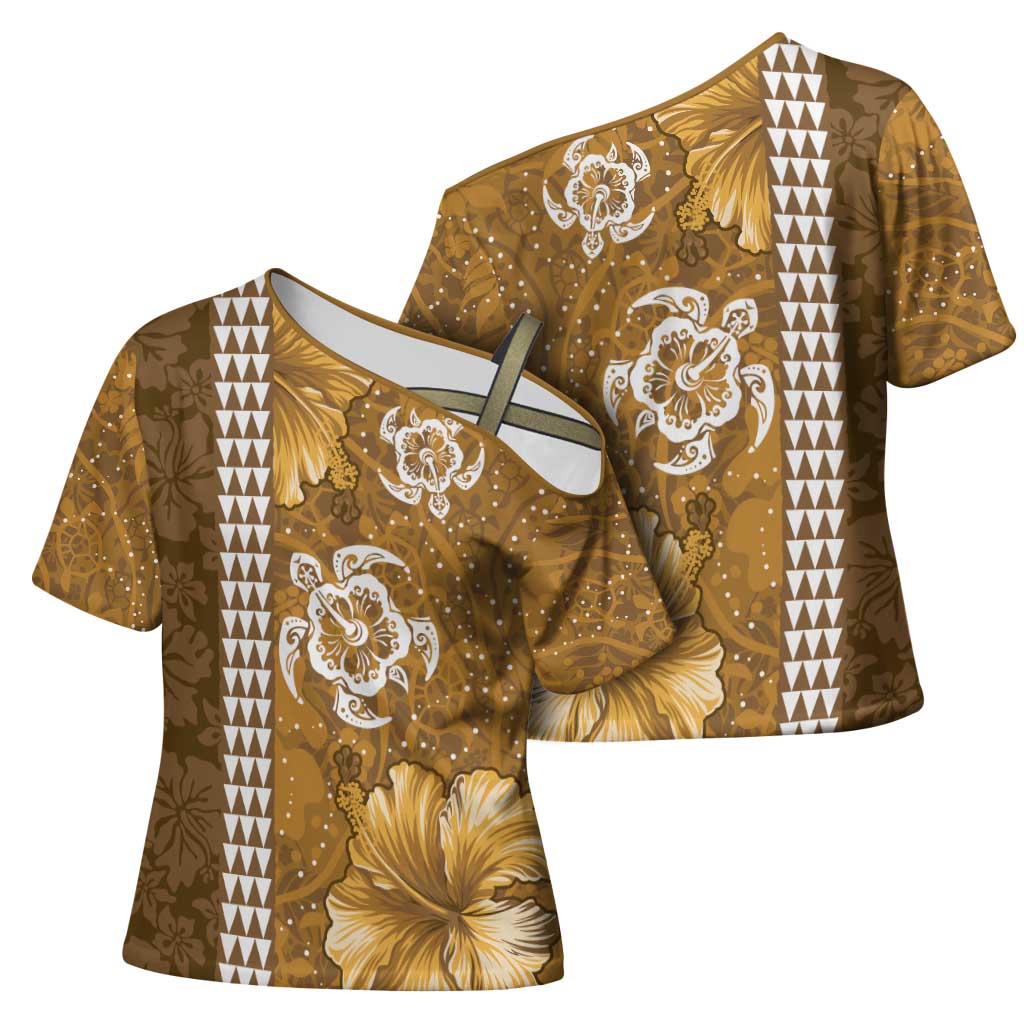Gold Hibiscus Turle Cross Shoulder Shirt Hawaiian Style Tribal Tapa Pattern LT9 - Polynesian Pride
