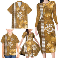 Gold Hibiscus Turle Family Matching Long Sleeve Bodycon Dress and Hawaiian Shirt Hawaiian Style Tribal Tapa Pattern LT9 - Polynesian Pride
