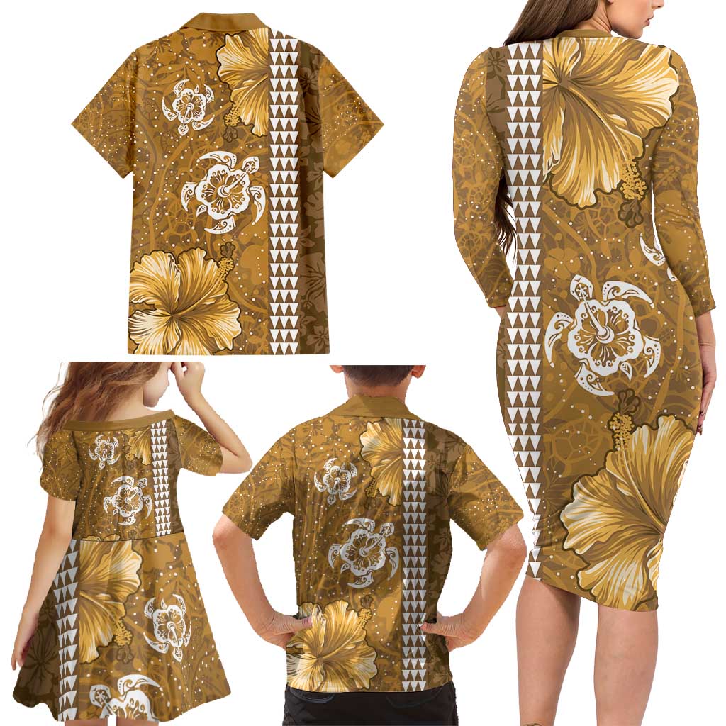 Gold Hibiscus Turle Family Matching Long Sleeve Bodycon Dress and Hawaiian Shirt Hawaiian Style Tribal Tapa Pattern LT9 - Polynesian Pride