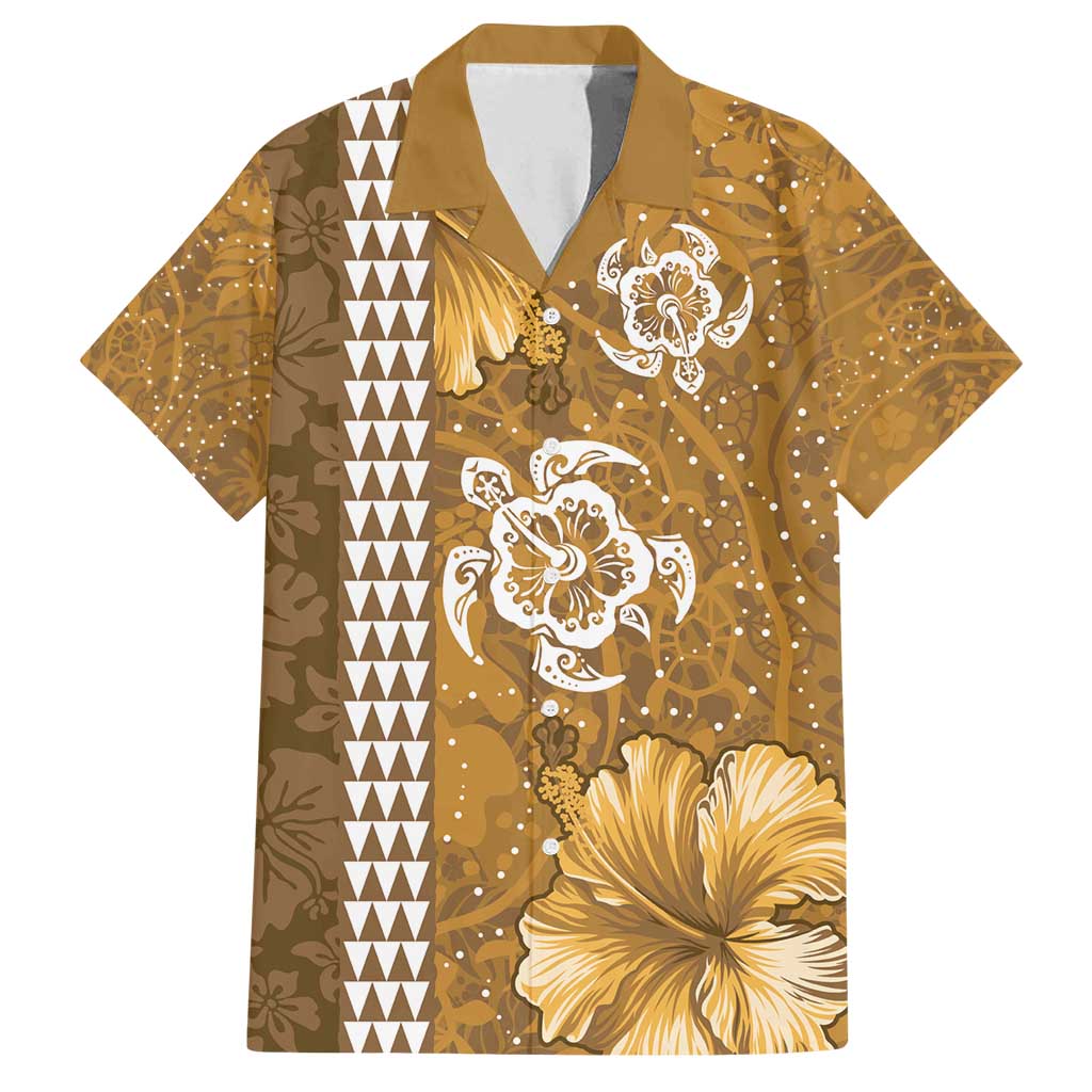 Gold Hibiscus Turle Family Matching Long Sleeve Bodycon Dress and Hawaiian Shirt Hawaiian Style Tribal Tapa Pattern LT9 Dad's Shirt - Short Sleeve Gold - Polynesian Pride