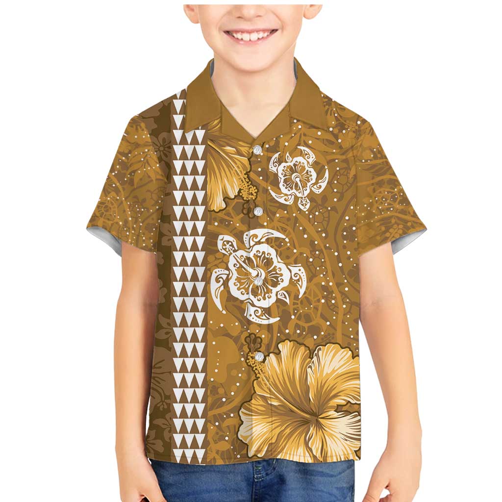 Gold Hibiscus Turle Family Matching Mermaid Dress and Hawaiian Shirt Hawaiian Style Tribal Tapa Pattern LT9 Son's Shirt Gold - Polynesian Pride
