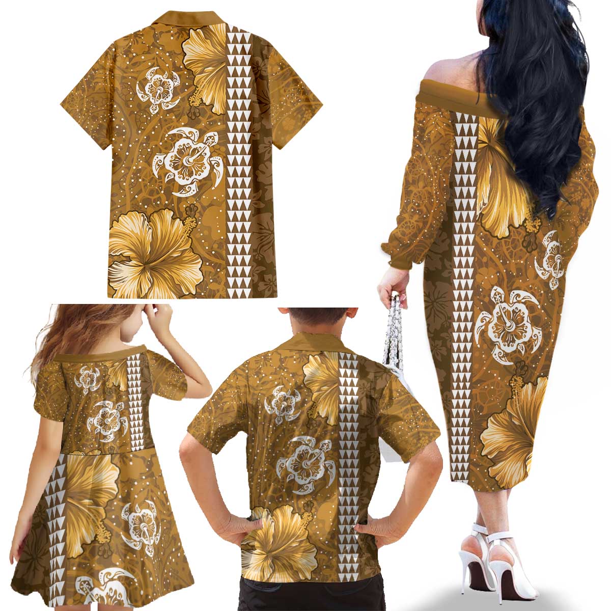 Gold Hibiscus Turle Family Matching Off The Shoulder Long Sleeve Dress and Hawaiian Shirt Hawaiian Style Tribal Tapa Pattern LT9 - Polynesian Pride