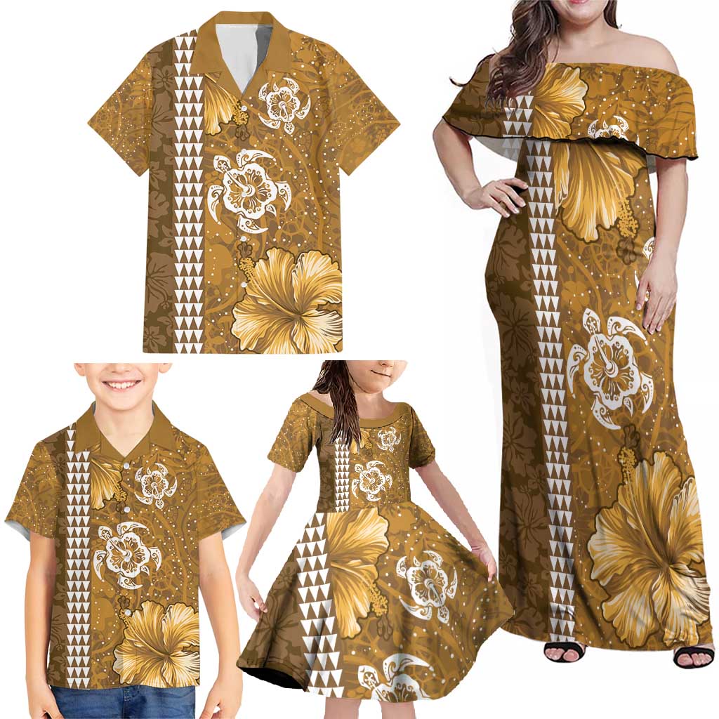 Gold Hibiscus Turle Family Matching Off Shoulder Maxi Dress and Hawaiian Shirt Hawaiian Style Tribal Tapa Pattern LT9 - Polynesian Pride