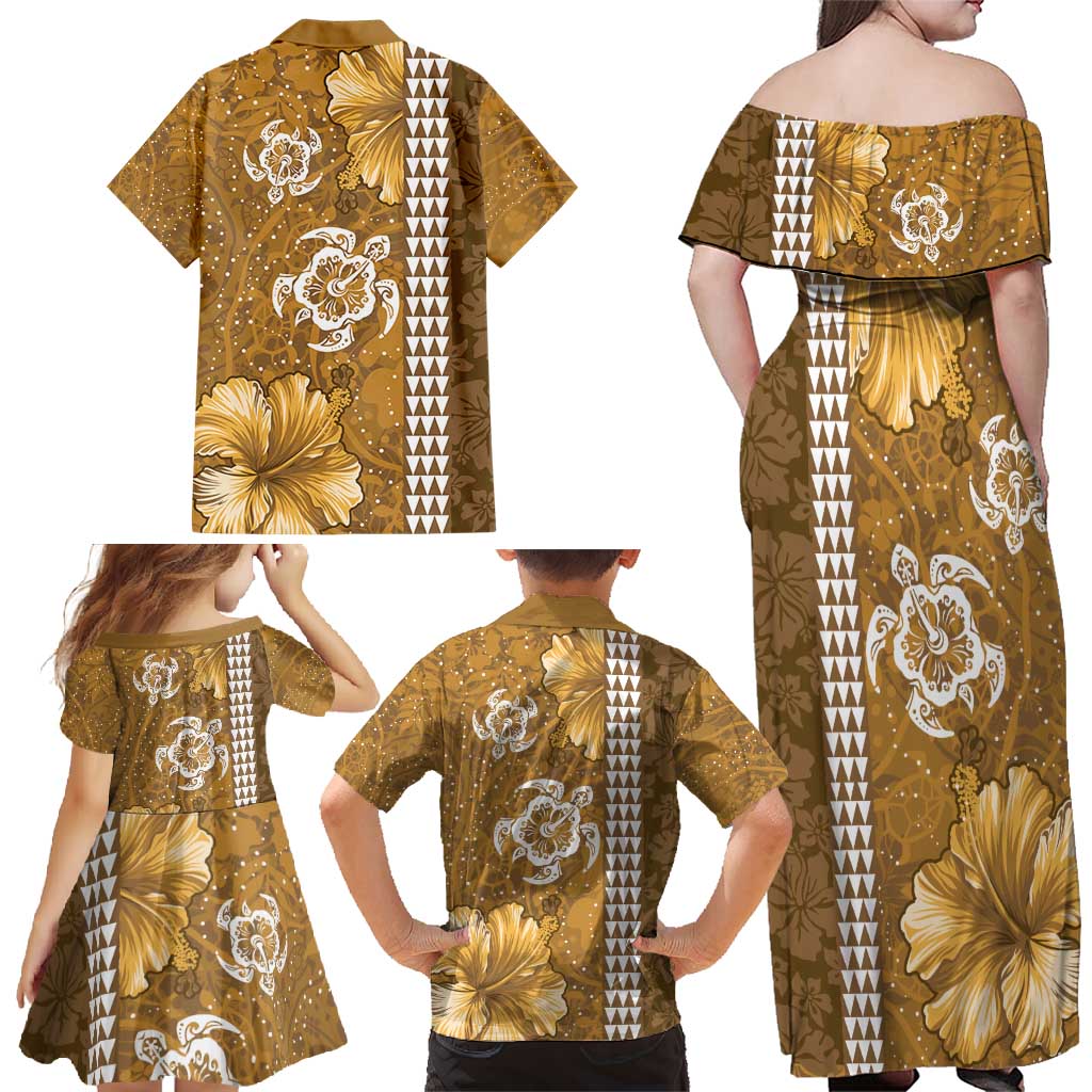 Gold Hibiscus Turle Family Matching Off Shoulder Maxi Dress and Hawaiian Shirt Hawaiian Style Tribal Tapa Pattern LT9 - Polynesian Pride
