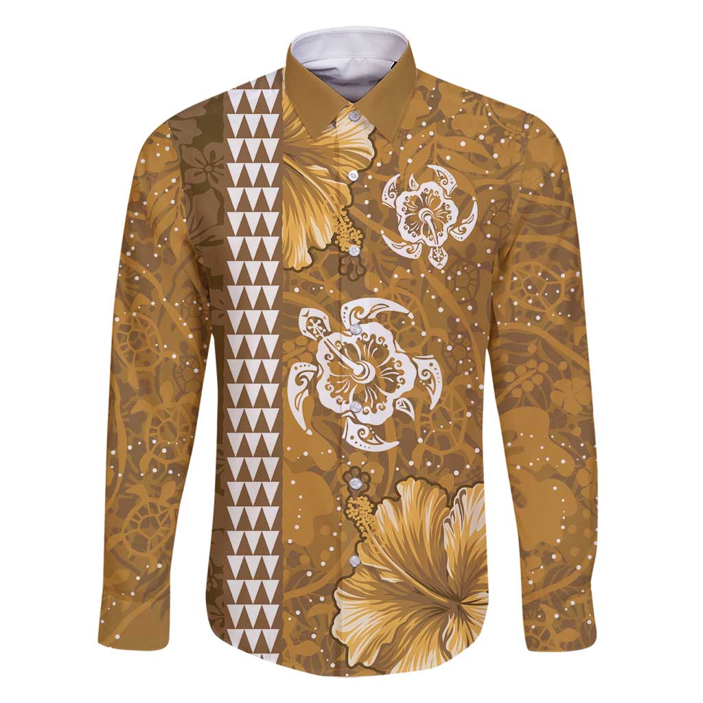 Gold Hibiscus Turle Family Matching Off Shoulder Maxi Dress and Hawaiian Shirt Hawaiian Style Tribal Tapa Pattern LT9 Dad's Shirt - Long Sleeve Gold - Polynesian Pride
