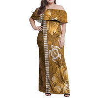 Gold Hibiscus Turle Family Matching Off Shoulder Maxi Dress and Hawaiian Shirt Hawaiian Style Tribal Tapa Pattern LT9 Mom's Dress Gold - Polynesian Pride