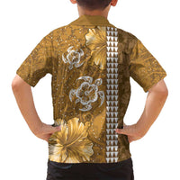 Gold Hibiscus Turle Family Matching Off Shoulder Short Dress and Hawaiian Shirt Hawaiian Style Tribal Tapa Pattern LT9 - Polynesian Pride