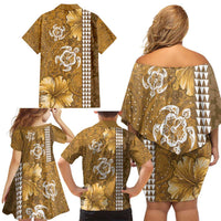 Gold Hibiscus Turle Family Matching Off Shoulder Short Dress and Hawaiian Shirt Hawaiian Style Tribal Tapa Pattern LT9 - Polynesian Pride