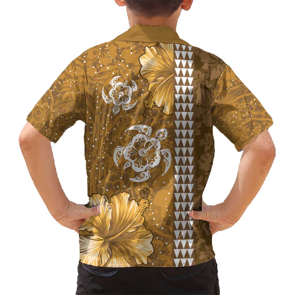 Gold Hibiscus Turle Family Matching Short Sleeve Bodycon Dress and Hawaiian Shirt Hawaiian Style Tribal Tapa Pattern LT9 - Polynesian Pride