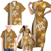 Gold Hibiscus Turle Family Matching Short Sleeve Bodycon Dress and Hawaiian Shirt Hawaiian Style Tribal Tapa Pattern LT9 - Polynesian Pride