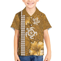 Gold Hibiscus Turle Family Matching Short Sleeve Bodycon Dress and Hawaiian Shirt Hawaiian Style Tribal Tapa Pattern LT9 Son's Shirt Gold - Polynesian Pride