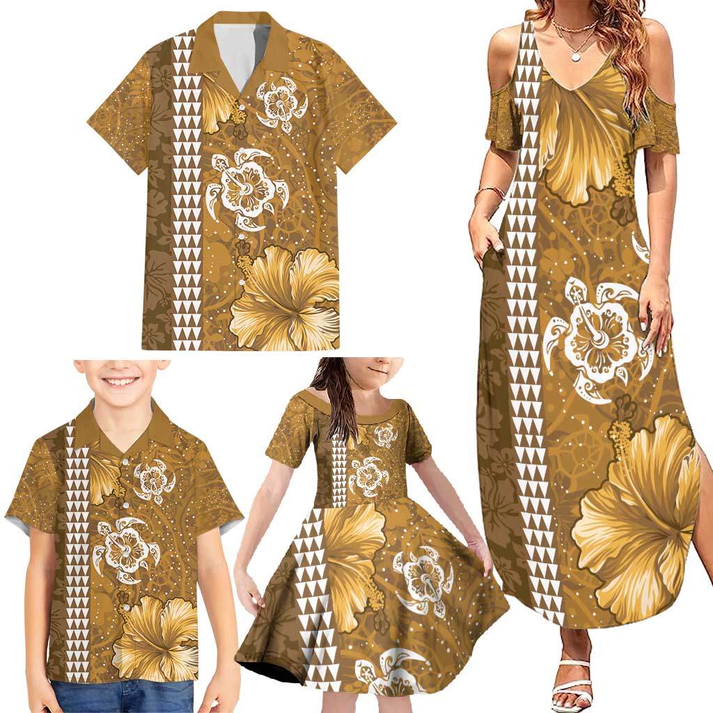 Gold Hibiscus Turle Family Matching Summer Maxi Dress and Hawaiian Shirt Hawaiian Style Tribal Tapa Pattern LT9 - Polynesian Pride