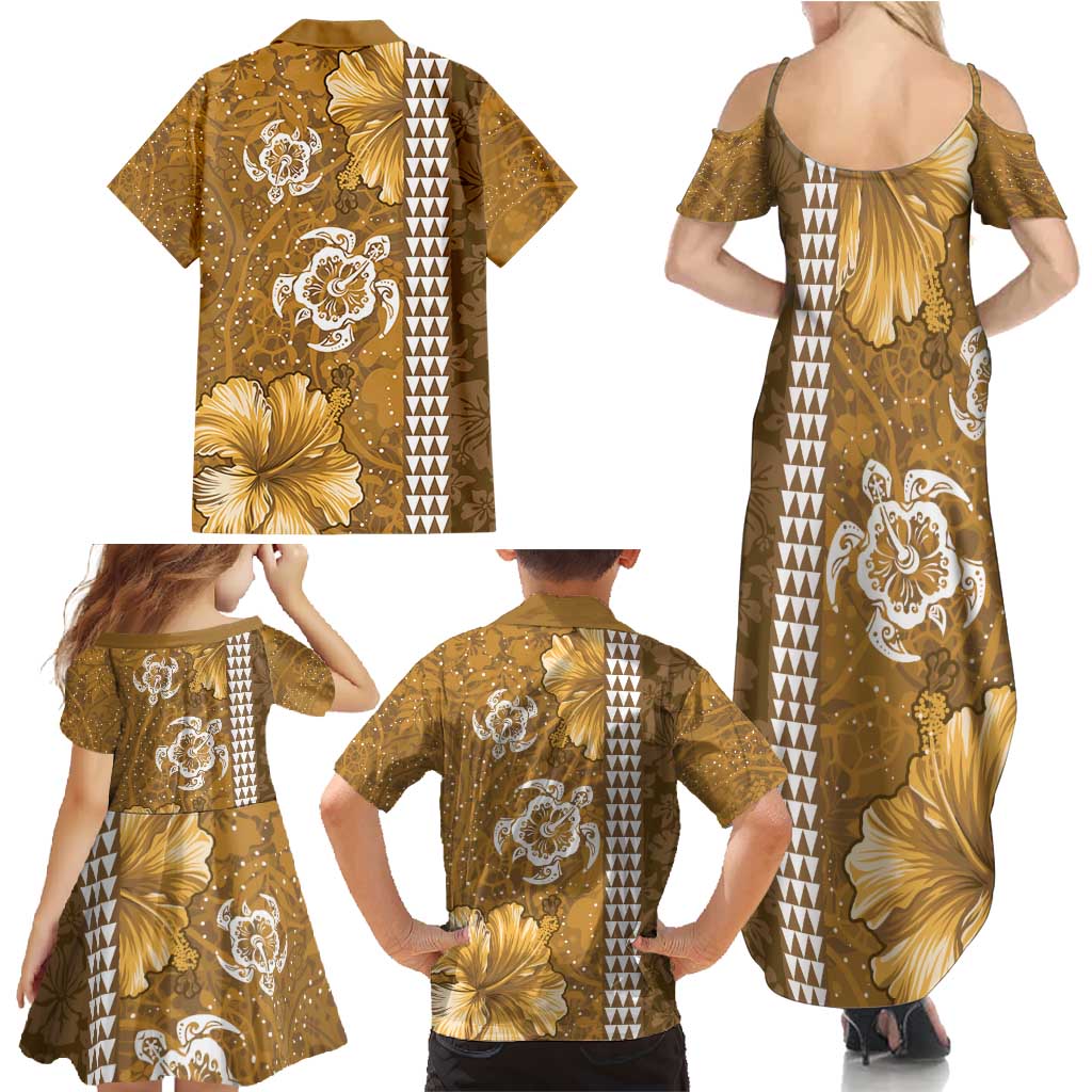 Gold Hibiscus Turle Family Matching Summer Maxi Dress and Hawaiian Shirt Hawaiian Style Tribal Tapa Pattern LT9 - Polynesian Pride