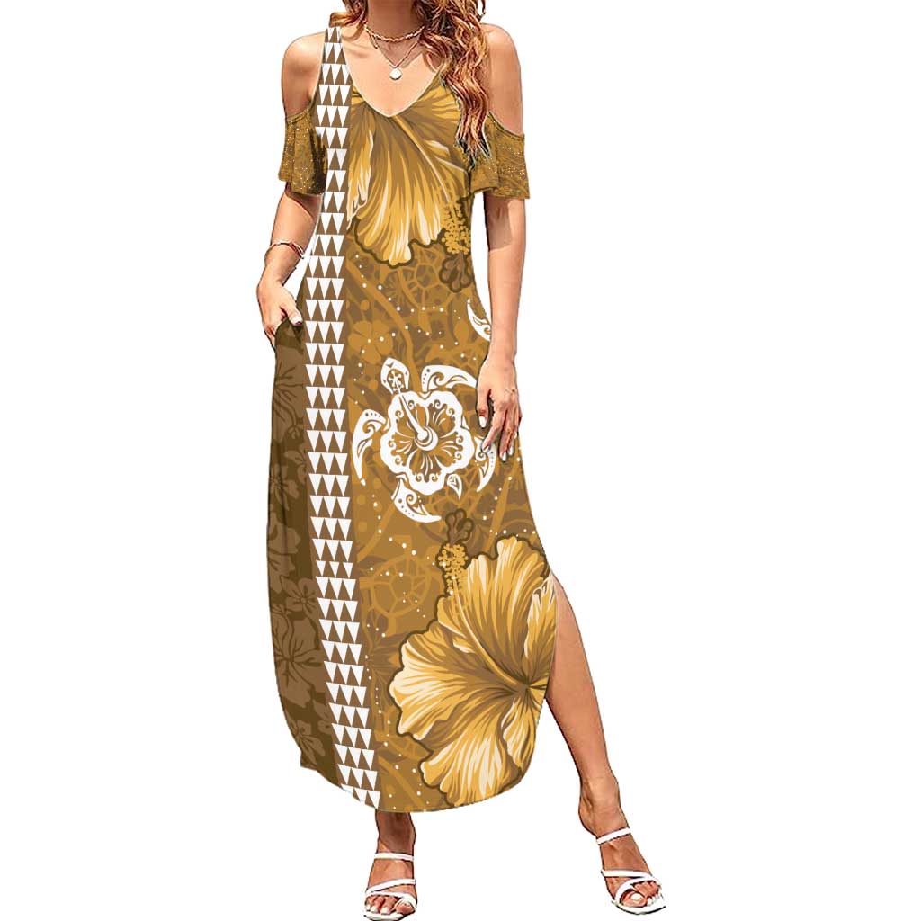 Gold Hibiscus Turle Family Matching Summer Maxi Dress and Hawaiian Shirt Hawaiian Style Tribal Tapa Pattern LT9 Mom's Dress Gold - Polynesian Pride