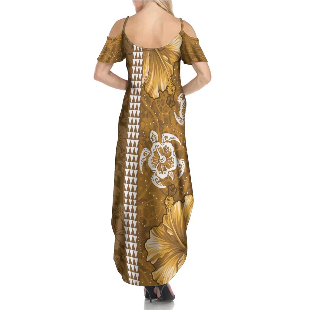 Gold Hibiscus Turle Family Matching Summer Maxi Dress and Hawaiian Shirt Hawaiian Style Tribal Tapa Pattern LT9 - Polynesian Pride