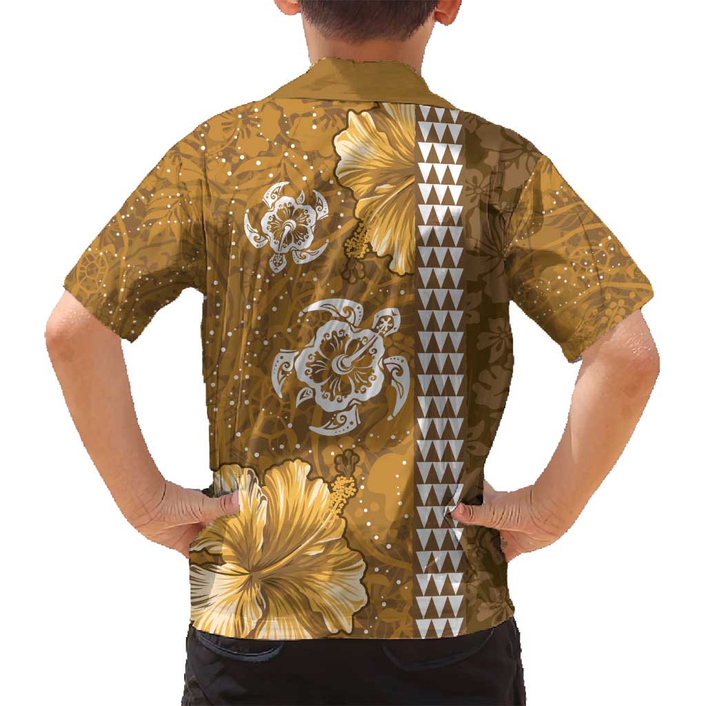 Gold Hibiscus Turle Family Matching Tank Maxi Dress and Hawaiian Shirt Hawaiian Style Tribal Tapa Pattern LT9 - Polynesian Pride