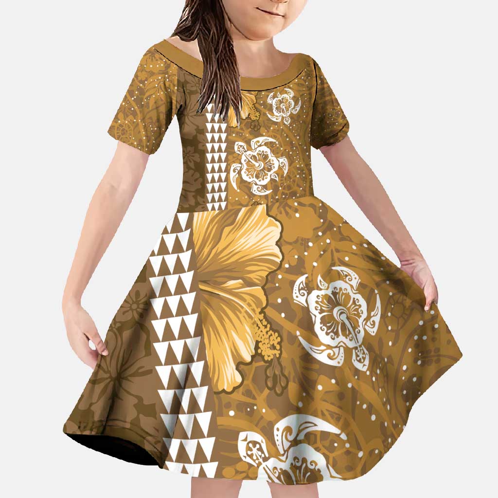 Gold Hibiscus Turle Family Matching Tank Maxi Dress and Hawaiian Shirt Hawaiian Style Tribal Tapa Pattern LT9 Daughter's Dress Gold - Polynesian Pride
