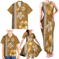Gold Hibiscus Turle Family Matching Tank Maxi Dress and Hawaiian Shirt Hawaiian Style Tribal Tapa Pattern LT9 - Polynesian Pride