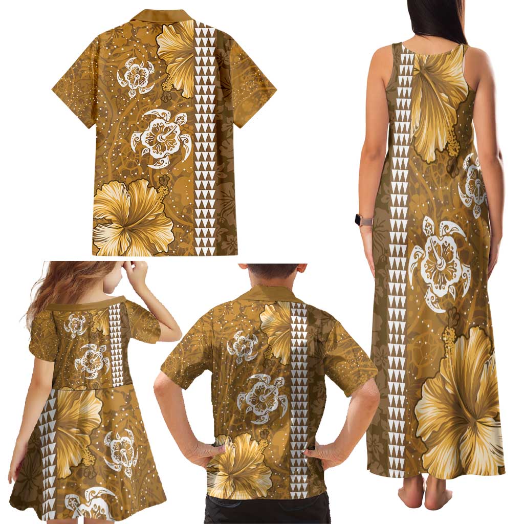 Gold Hibiscus Turle Family Matching Tank Maxi Dress and Hawaiian Shirt Hawaiian Style Tribal Tapa Pattern LT9 - Polynesian Pride