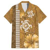 Gold Hibiscus Turle Family Matching Tank Maxi Dress and Hawaiian Shirt Hawaiian Style Tribal Tapa Pattern LT9 Dad's Shirt - Short Sleeve Gold - Polynesian Pride