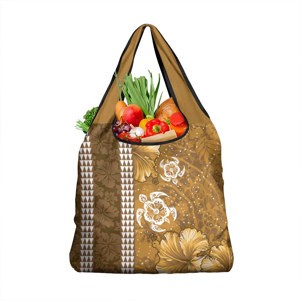 Gold Hibiscus Turle Grocery Bag Hawaiian Style Tribal Tapa Pattern