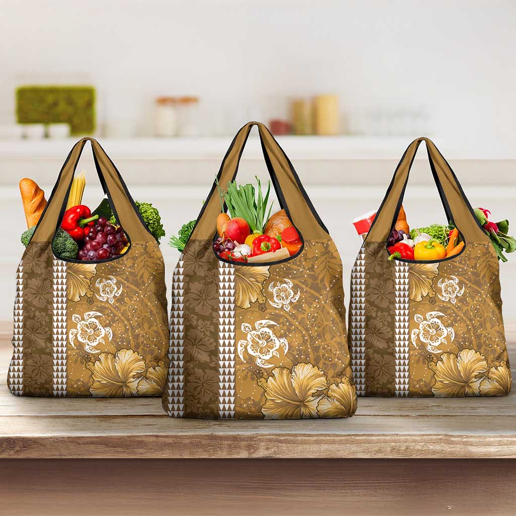 Gold Hibiscus Turle Grocery Bag Hawaiian Style Tribal Tapa Pattern
