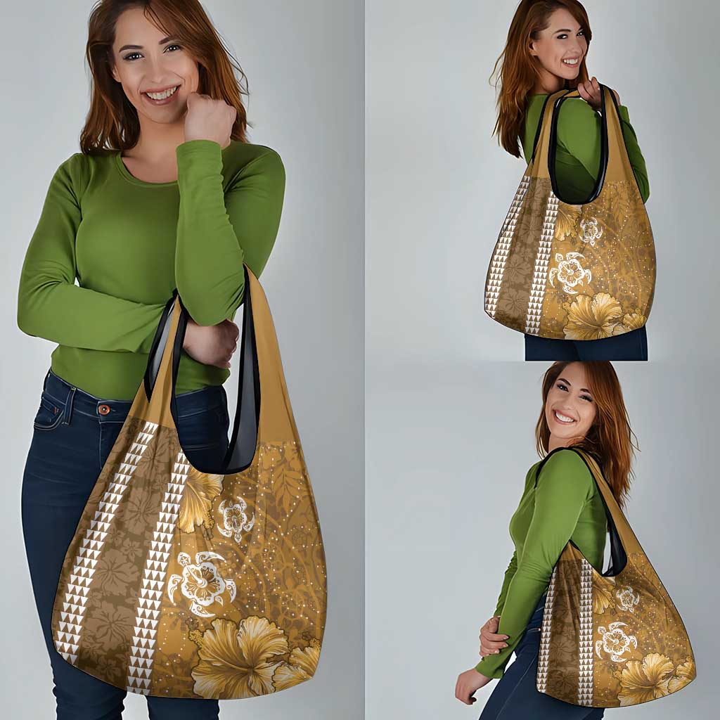 Gold Hibiscus Turle Grocery Bag Hawaiian Style Tribal Tapa Pattern