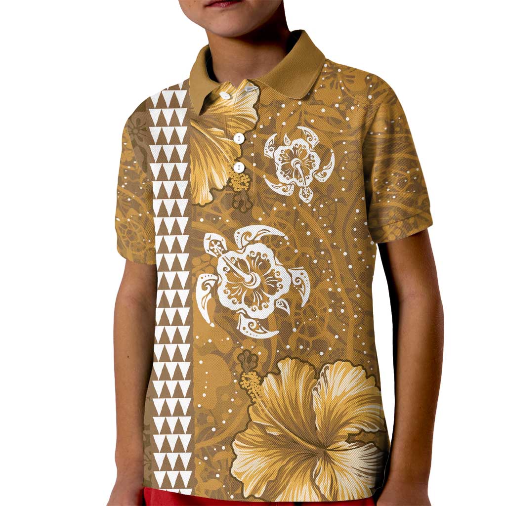 Gold Hibiscus Turle Kid Polo Shirt Hawaiian Style Tribal Tapa Pattern LT9 Kid Gold - Polynesian Pride