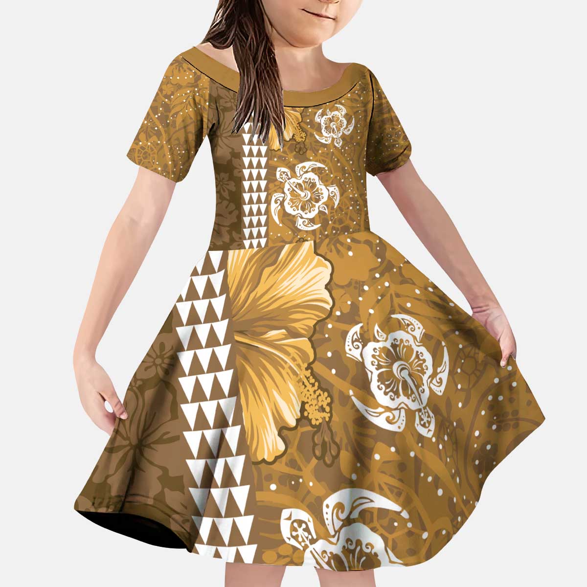 Gold Hibiscus Turle Kid Short Sleeve Dress Hawaiian Style Tribal Tapa Pattern