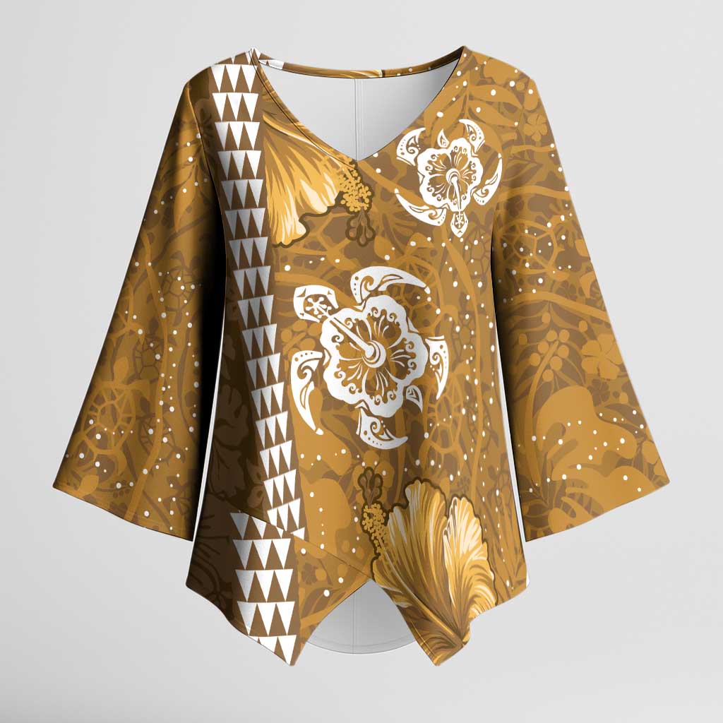 Gold Hibiscus Turle Kimono Sleeve Blouse Hawaiian Style Tribal Tapa Pattern LT9 Female Gold - Polynesian Pride