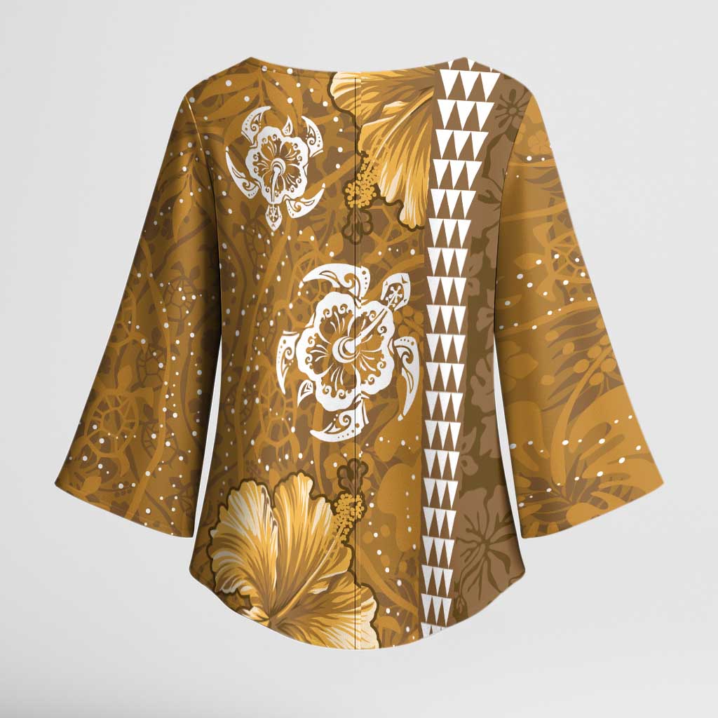 Gold Hibiscus Turle Kimono Sleeve Blouse Hawaiian Style Tribal Tapa Pattern LT9 - Polynesian Pride