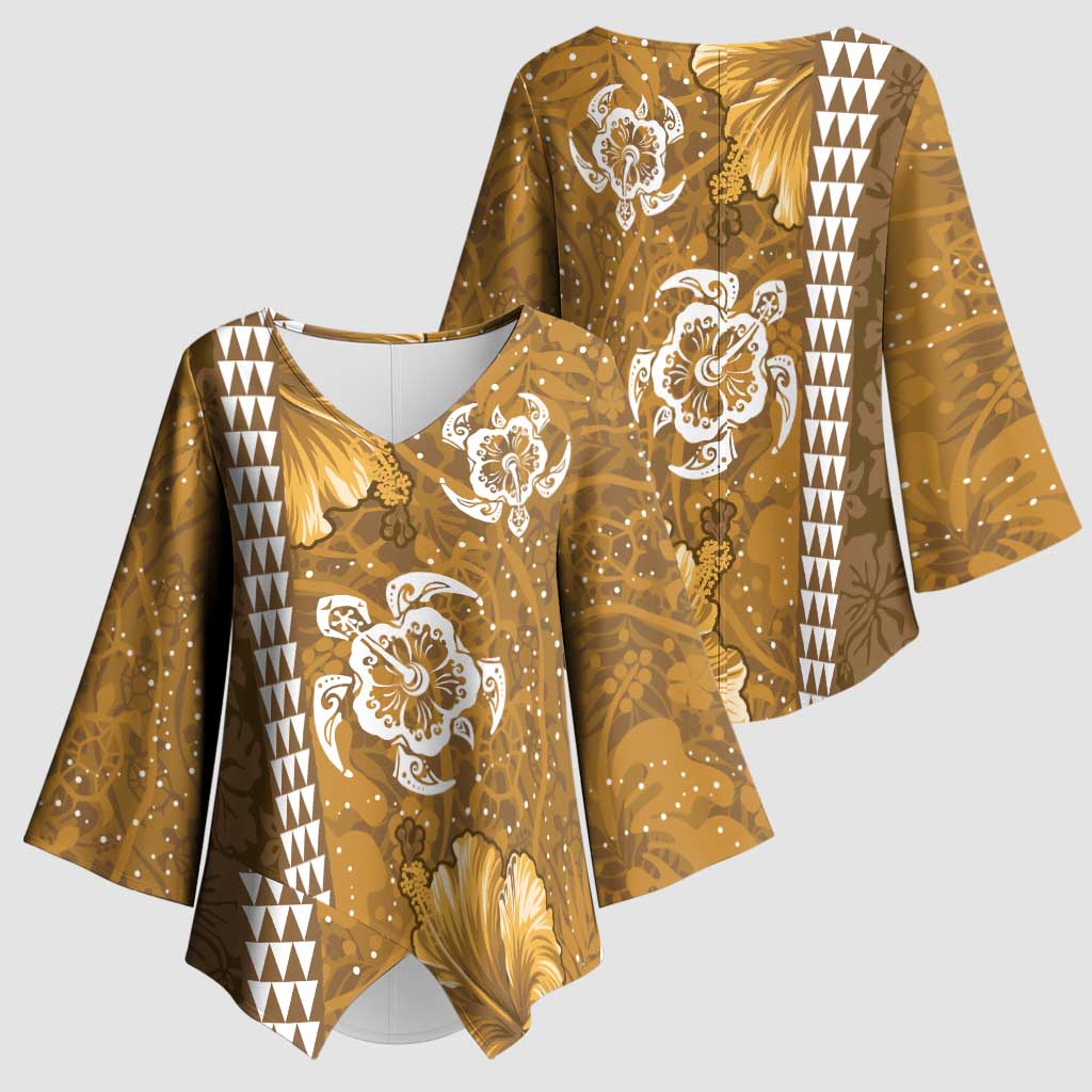 Gold Hibiscus Turle Kimono Sleeve Blouse Hawaiian Style Tribal Tapa Pattern LT9 - Polynesian Pride