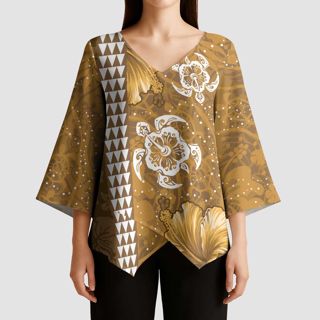 Gold Hibiscus Turle Kimono Sleeve Blouse Hawaiian Style Tribal Tapa Pattern LT9 - Polynesian Pride
