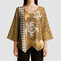 Gold Hibiscus Turle Kimono Sleeve Blouse Hawaiian Style Tribal Tapa Pattern LT9 - Polynesian Pride