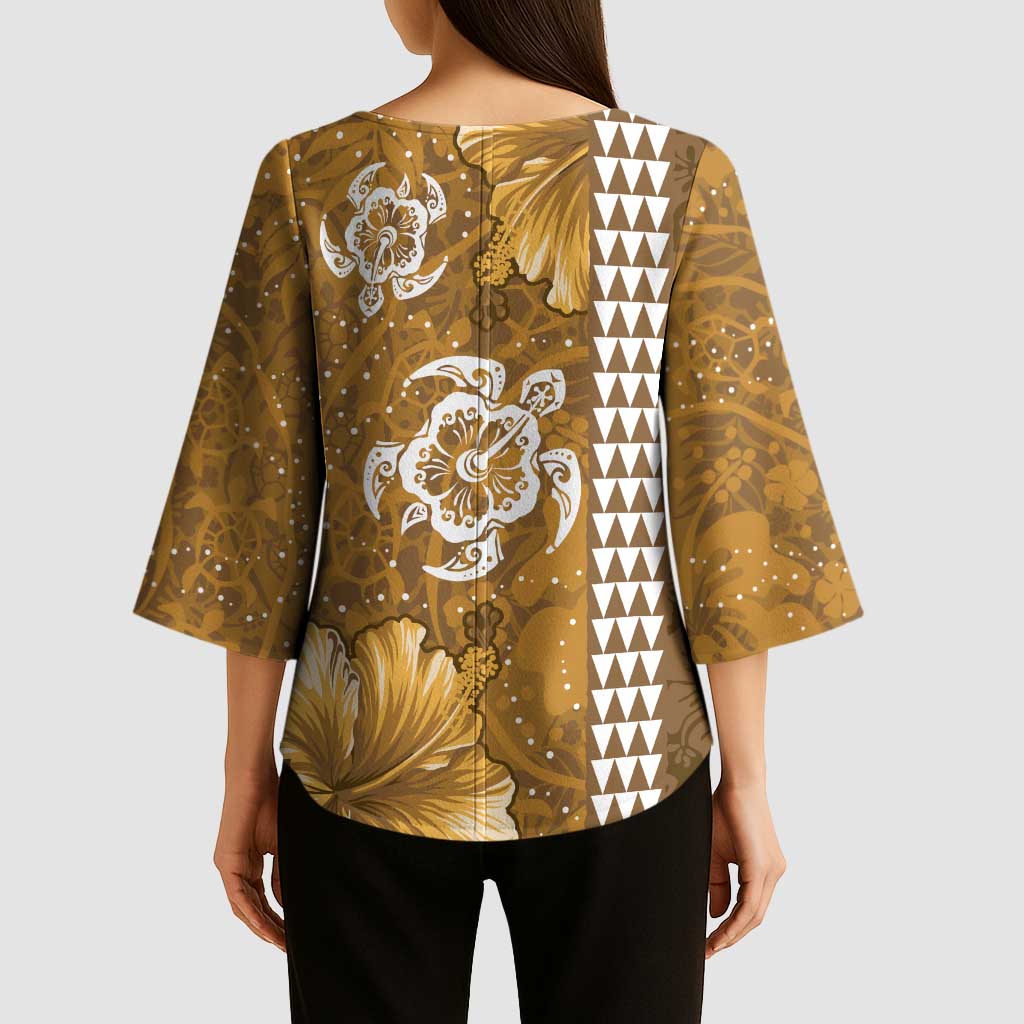 Gold Hibiscus Turle Kimono Sleeve Blouse Hawaiian Style Tribal Tapa Pattern LT9 - Polynesian Pride