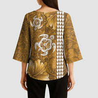 Gold Hibiscus Turle Kimono Sleeve Blouse Hawaiian Style Tribal Tapa Pattern LT9 - Polynesian Pride