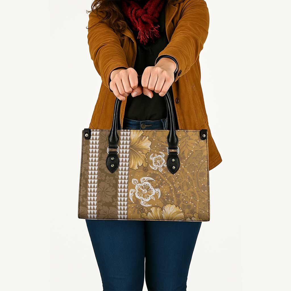 Gold Hibiscus Turle Leather Bag Hawaiian Style Tribal Tapa Pattern - Polynesian Pride