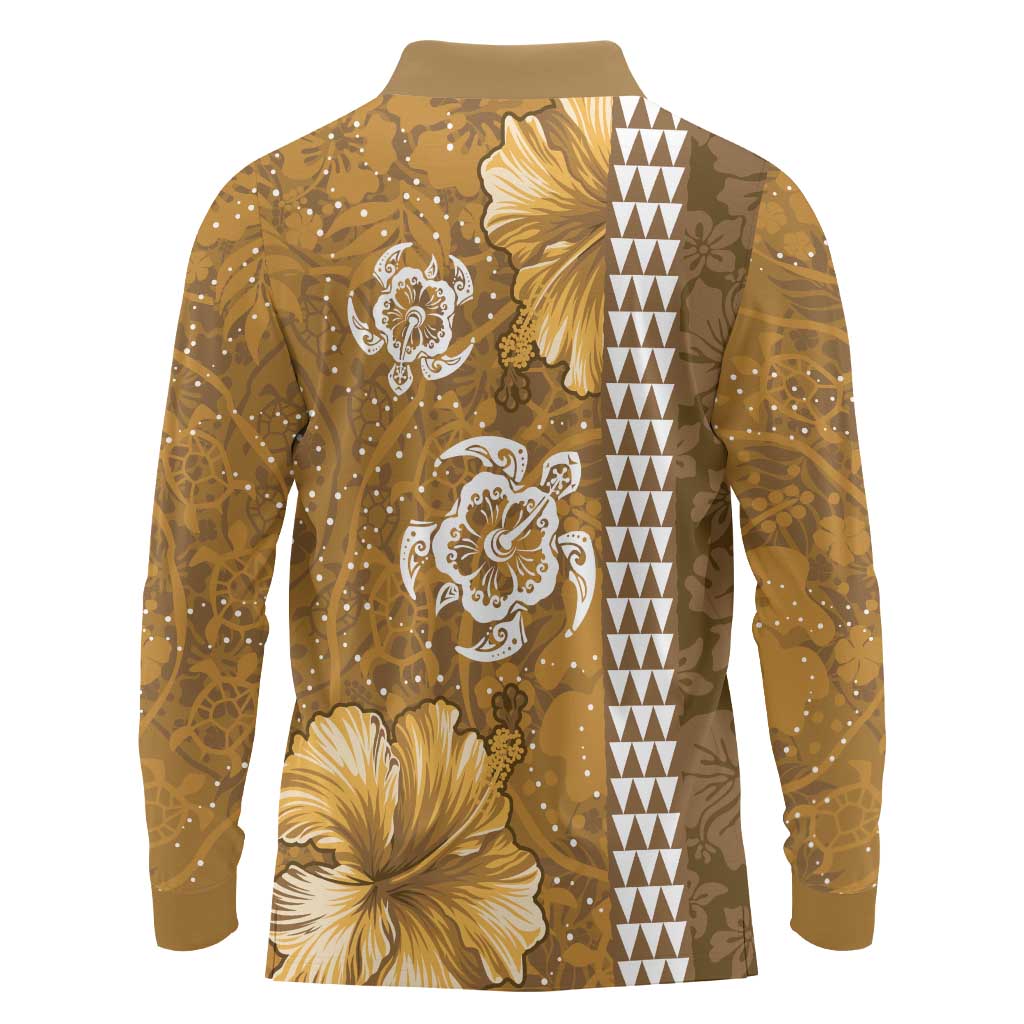 Gold Hibiscus Turle Long Sleeve Polo Shirt Hawaiian Style Tribal Tapa Pattern