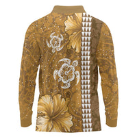 Gold Hibiscus Turle Long Sleeve Polo Shirt Hawaiian Style Tribal Tapa Pattern