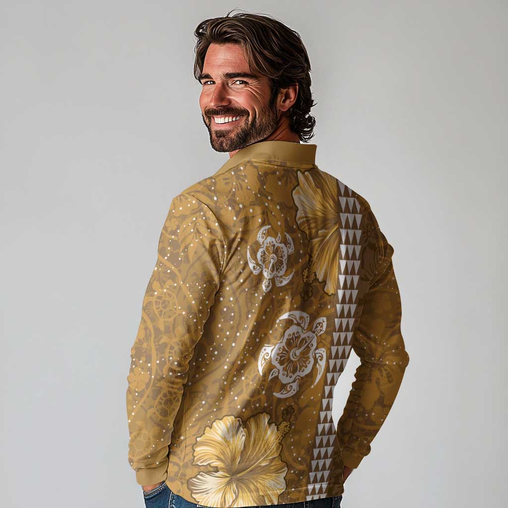 Gold Hibiscus Turle Long Sleeve Polo Shirt Hawaiian Style Tribal Tapa Pattern