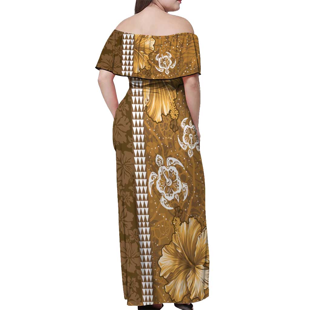 Gold Hibiscus Turle Off Shoulder Maxi Dress Hawaiian Style Tribal Tapa Pattern