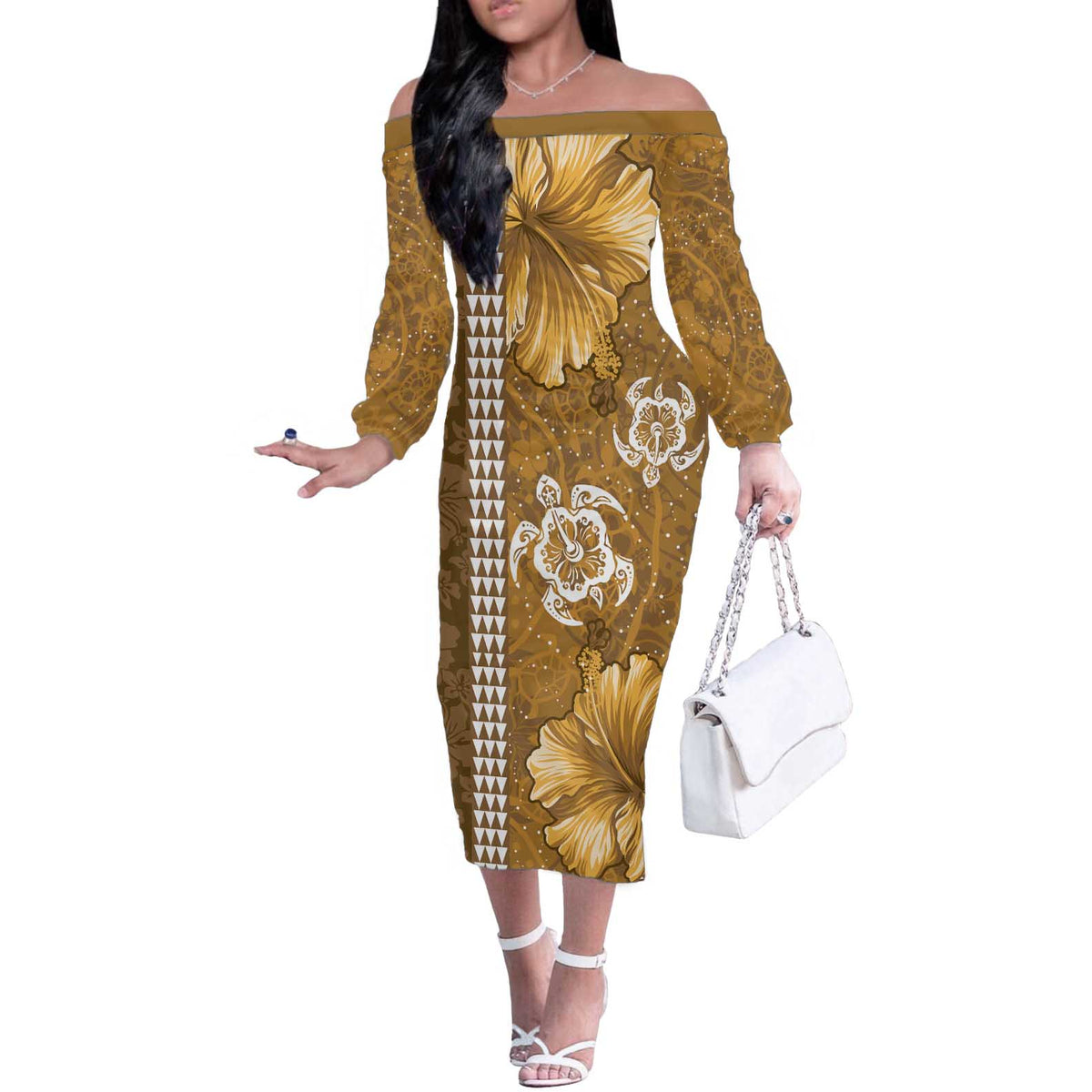 Gold Hibiscus Turle Off The Shoulder Long Sleeve Dress Hawaiian Style Tribal Tapa Pattern