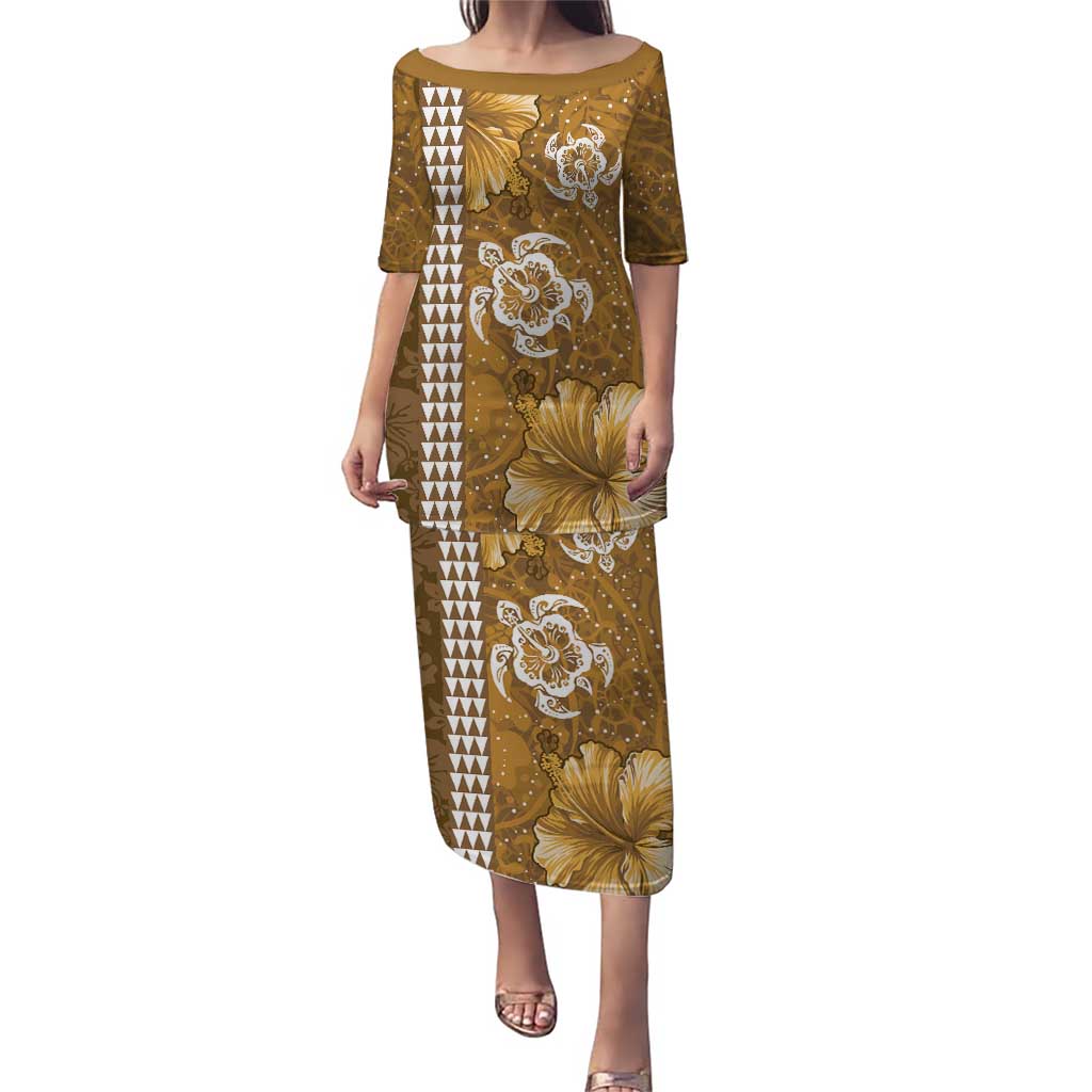Gold Hibiscus Turle Puletasi Hawaiian Style Tribal Tapa Pattern