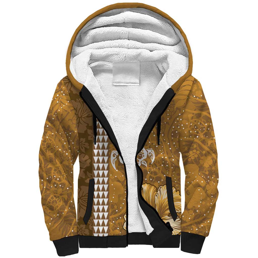 Gold Hibiscus Turle Sherpa Hoodie Hawaiian Style Tribal Tapa Pattern