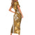 Gold Hibiscus Turle Short Sleeve Bodycon Dress Hawaiian Style Tribal Tapa Pattern